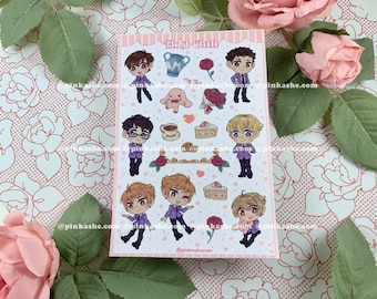 May include: A set of eight stickers featuring anime-style characters in purple and blue outfits. The stickers are on a white background with pink roses and a gold design. The text "Host Club" is at the top of the sheet.