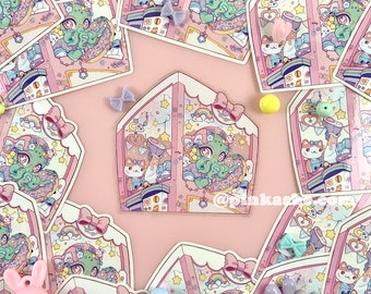 May include: A set of pink and white stickers featuring illustrations of cute cartoon characters. The stickers feature a variety of characters, including a mermaid, a cat, and a monster. The stickers are perfect for adding a touch of whimsy to your planner, laptop, or water bottle.