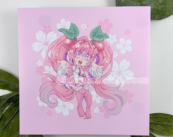 May include: A pink and white illustration of a cartoon character with pink hair, wearing a white and pink outfit, with cherry blossoms in the background. The character has green leaves on their head and is holding out their hands. The text "@pinkashe.com" is at the bottom of the image.