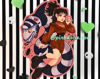 May include: A sticker featuring a cartoon girl with black hair and a red and black dress riding a black and white striped worm with a toothy mouth. The sticker has a pink background and the text "@pinkashe.com" is in the bottom right corner.