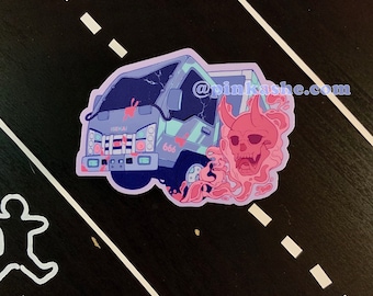 May include: A sticker featuring a cartoon truck with a skull and flames. The truck is blue and green with the word "ISEKAI" and the number "666" on the side. The skull is red and has horns. The flames are pink and purple.