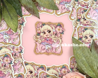 May include: A set of stickers featuring a cartoon girl with blonde hair and a pink dress. The girl is surrounded by pink flowers and is holding a pink flower in her hand. The stickers are on a pink background.