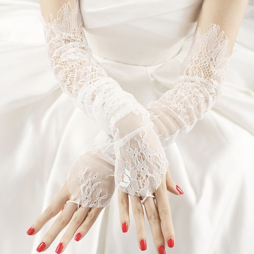 White Fingerless Long Bridal Gloves - Etsy