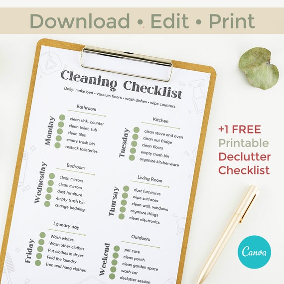 Minimalist Weekly Cleaning Checklist Template EDITABLE | Etsy
