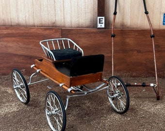 Puede incluir: Un carruaje de madera de dos plazas con asientos negros y ruedas plateadas. El carruaje está estacionado en una superficie de tierra marrón. Dos largos postes de madera con puntas plateadas se apoyan contra una pared de madera. Un letrero en la pared dice "Reglas de la Arena".