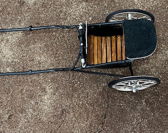 Puede incluir: Carruaje negro tirado por un caballo con un asiento de madera y ruedas negras. El carruaje está sobre una superficie de tierra marrón.