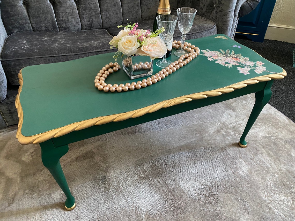 Wayfair coffee table in emerald green and gold with Etsy