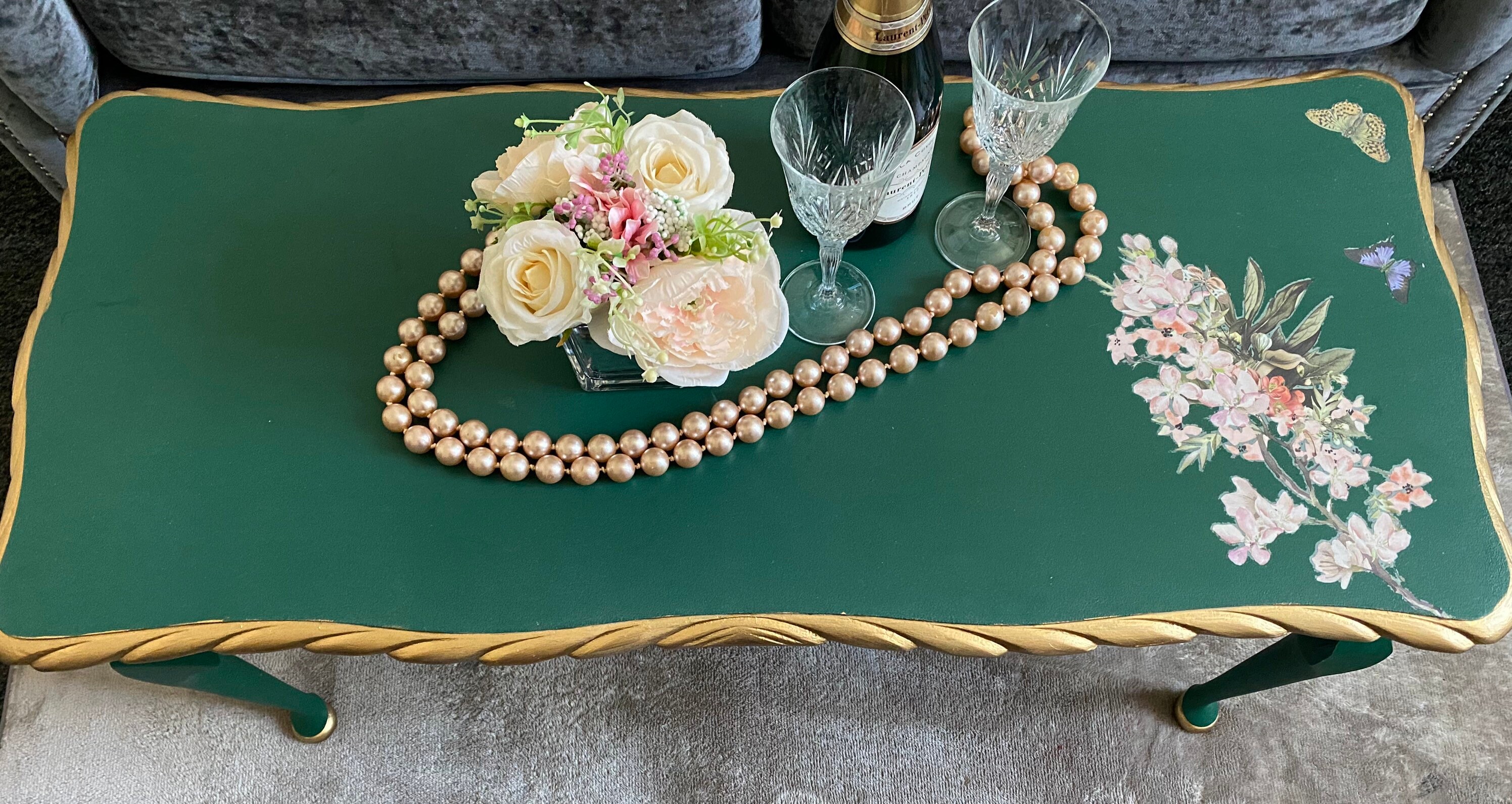 Wayfair coffee table in emerald green and gold with Etsy