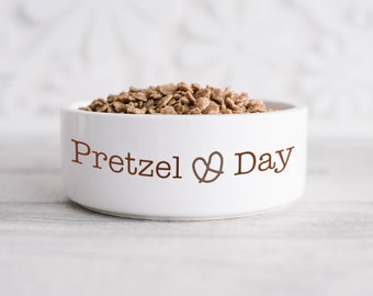 Pretzel Day Dog Bowl - White Ceramic Dog Bowl - 6" Dog Bowl - 7" Dog Bowl - Pet Bowl