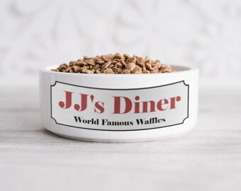 JJ's Diner Dog Bowl - White Ceramic Dog Bowl - 6" Dog Bowl - 7" Dog Bowl - Pet Bowl