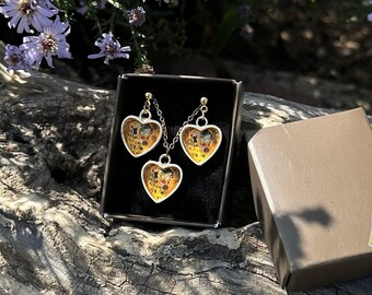 Gustav Klimt The Kiss Painting Heart Jewelry Set, Valentines Day Gift for Her, Love Jewelry, Gold Jewelry Set,Handmade Jewelry Gift