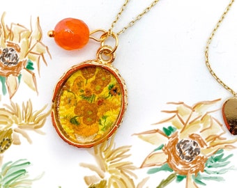 Vincent Van Gogh-Sunflowers painting necklace/citrine necklace/birthstone necklace/van gogh necklace/custom gold jewelry/personalized gift