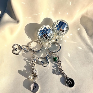 Build Your Silver Disco Ball Charm Keychain,Handmade Initial, Birthstone,Charm Accessory,Gift for Mom,Mirror ball Bag Charms