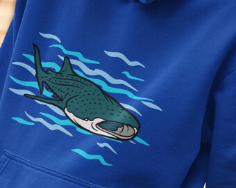 May include: A royal blue hoodie with a graphic of a whale shark swimming in blue water.