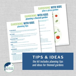 May include: A printable guide for planning a themed garden with children. The guide includes tips for getting children involved, keeping it simple, choosing seeds, location, timing, good neighbours, and pest control. The guide also includes a pizza garden plan with a visual representation of the different ingredients.