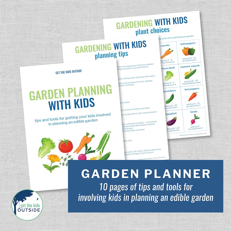 May include: A printable garden planner with tips and tools for getting kids involved in planning an edible garden. The planner includes a list of vegetables with spacing and square footage requirements.