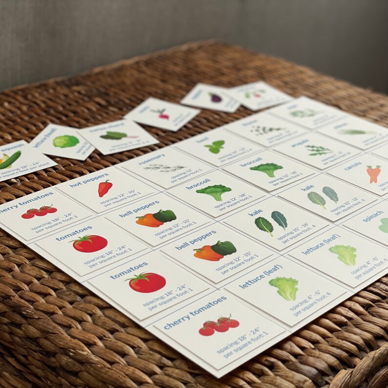 May include: A set of 18 white cards with illustrations of different vegetables and herbs. Each card includes the name of the plant, spacing recommendations, and the number of plants per square foot. The cards are arranged in a grid pattern on a woven wicker surface.