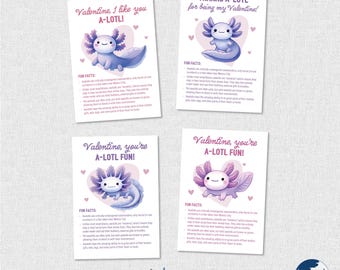 printed AXOLOTL Valentine's Day cards - (set of 12) - animal fun facts - classroom valentines - candy free, trivia