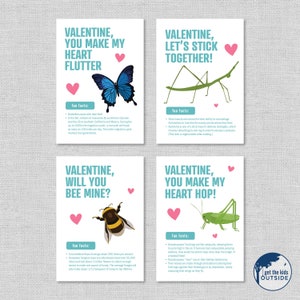 Ausdruckbare INSEKT Karten zum Valentinstag. Kinder Valentinstag. Wissenswertes. Schmetterling, Biene, Stabheuschrecke, Heuschrecke . Klassenzimmer. lehrreich