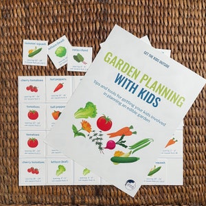 May include: A colourful guide to garden planning with kids, featuring illustrations of various vegetables and herbs, with tips and tools for getting kids involved in planning an edible garden. The guide includes spacing and square footage requirements for each plant.