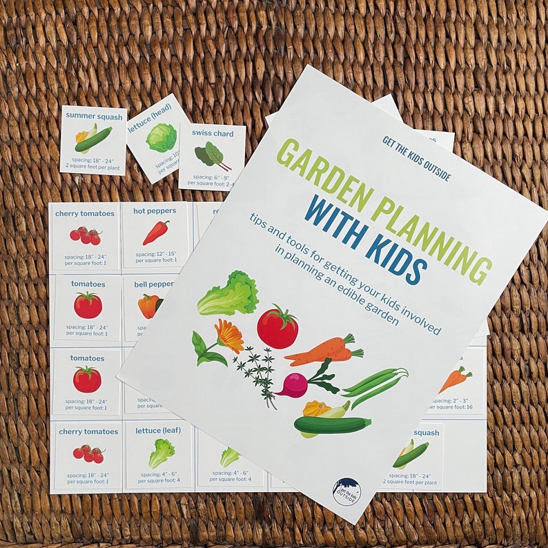 May include: A colourful guide to garden planning with kids, featuring illustrations of various vegetables and herbs, with tips and tools for getting kids involved in planning an edible garden. The guide includes spacing and square footage requirements for each plant.