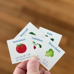 May include: Five white cards with blue text and illustrations of different vegetables. The cards show tomatoes, broccoli, kale, radishes, and lettuce. Each card includes spacing and per square foot information for planting.