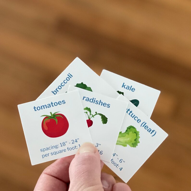 May include: Five white cards with blue text and illustrations of different vegetables. The cards show tomatoes, broccoli, kale, radishes, and lettuce. Each card includes spacing and per square foot information for planting.
