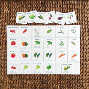 May include: A chart with illustrations of various vegetables and herbs, including cherry tomatoes, hot peppers, rosemary, basil, thyme, sage, tomatoes, bell peppers, broccoli, arugula, chives, kale, carrots, lettuce, spinach, and summer squash. Each card includes the name of the plant, spacing recommendations, and the number of plants per square foot.