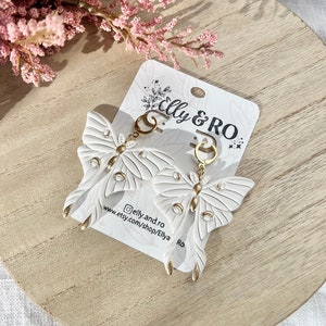 Moth Earrings, White and Gold Moth, Moon Moth, Clay Moths