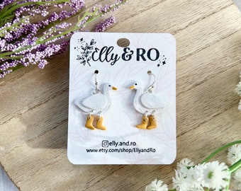 Silly Goose Earrings, Duck in Boots, Spring Earrings, Farm Animal Earrings, Clay Earrings