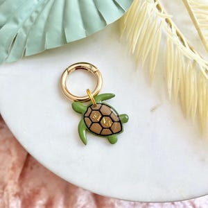 May include: A gold-coloured keyring with a turtle charm. The turtle charm is green and brown with the name "FINN" in gold lettering. The keyring is attached to a gold-coloured ring.