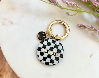 Checkered Pet Tag, Black and White Dog Tag, Custom Pet Tag, Clay Tag, Collar
