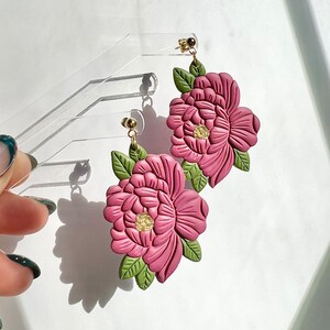 Pink Peony Earrings, Tattoo Style Clay Earrings, Valentines Day Collection image 4