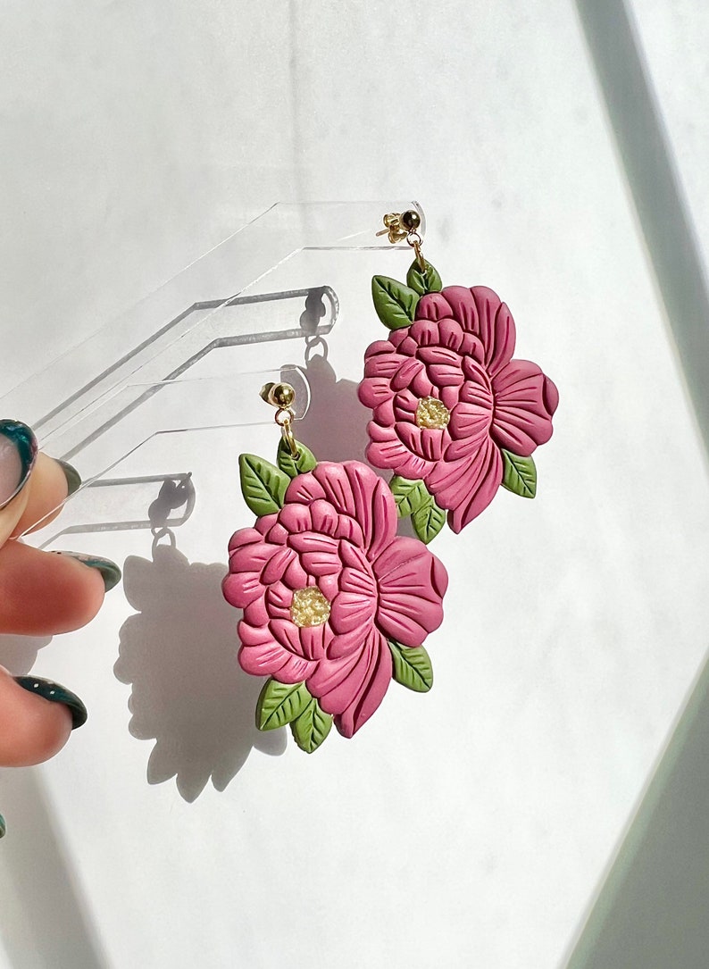 Pink Peony Earrings, Tattoo Style Clay Earrings, Valentines Day Collection image 4