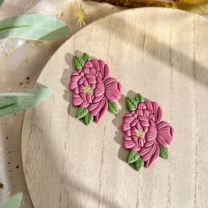 Pink Peony Earrings, Tattoo Style Clay Earrings, Valentines Day Collection image 2