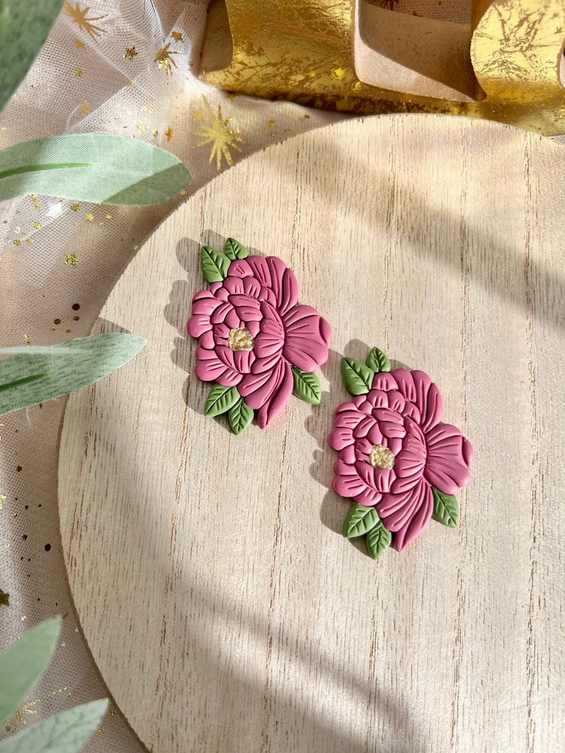 Pink Peony Earrings, Tattoo Style Clay Earrings, Valentines Day Collection image 2