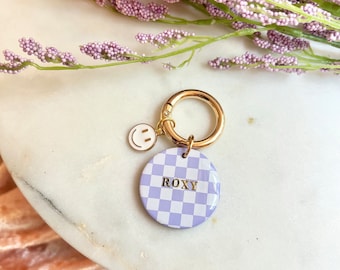 Checkered Purple Clay Pet Tag: Custom Dog Collar ID