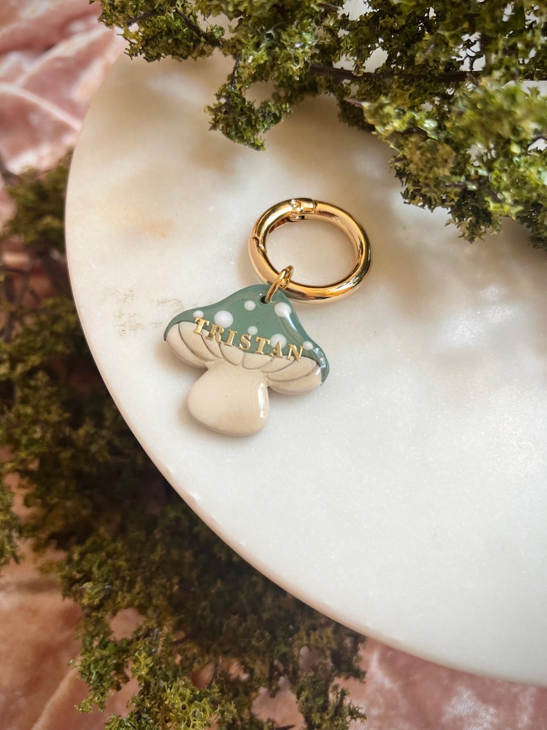 Puede incluir: Un amuleto de cer&aacute;mica verde y blanco en forma de hongo con el nombre "Tristan" escrito en letras doradas. El amuleto est&aacute; unido a un anillo de metal dorado.