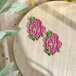 Pink Peony Earrings, Tattoo Style Clay Earrings, Valentines Day Collection image 1