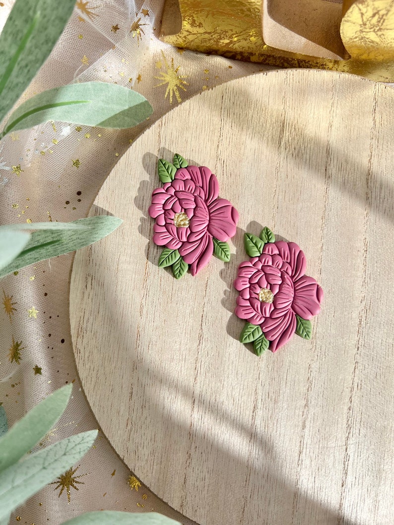 Pink Peony Earrings, Tattoo Style Clay Earrings, Valentines Day Collection image 1