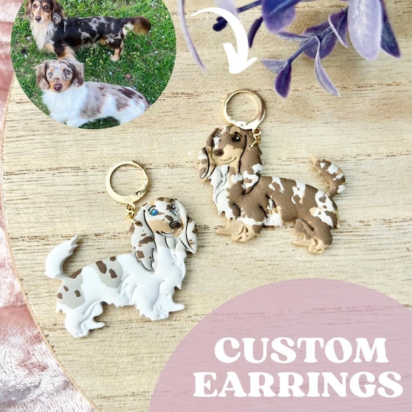 Custom Longhair Dachshund Earrings: Dog Portrait Pet Jewelry