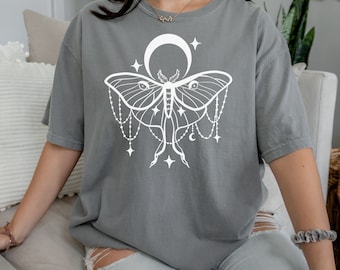 Moth Butterfly T Shirts, Celestial Moth, Moon Graphic, Moon Phase Astrology Astronomy, Comfort Colors, Garment Dyed, Boho, Vintage