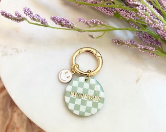 Checkered Pet Tag, Green and White Dog Tag, Custom Pet Tag, Clay Tag, Collar