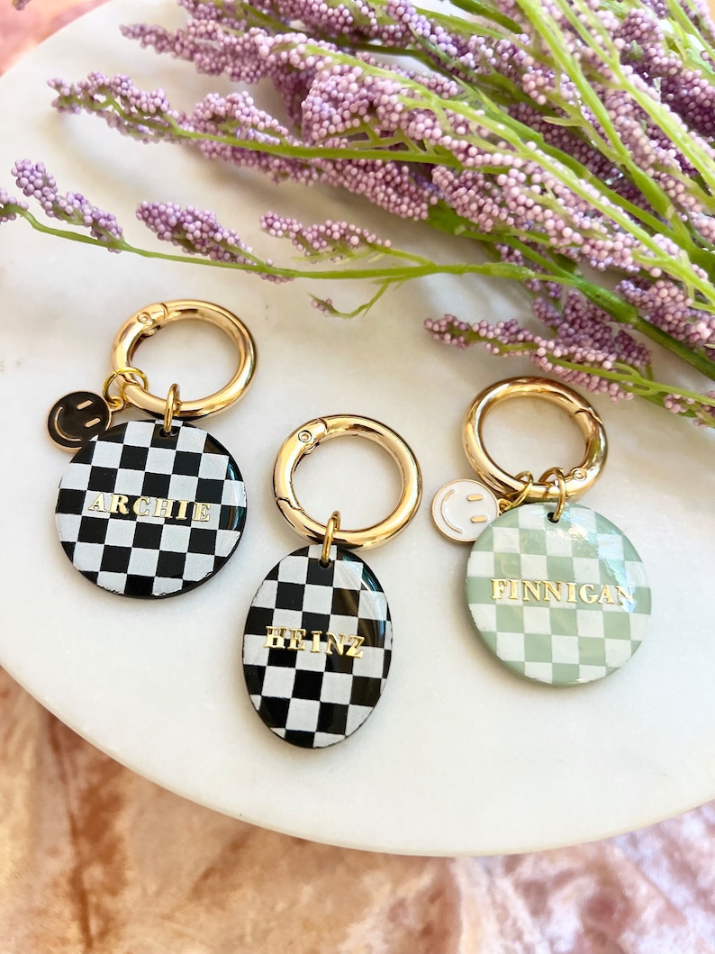 Heinx Keychains Checkered Clay Pet Tag: Custom Green and White Collar Charm - Etsy