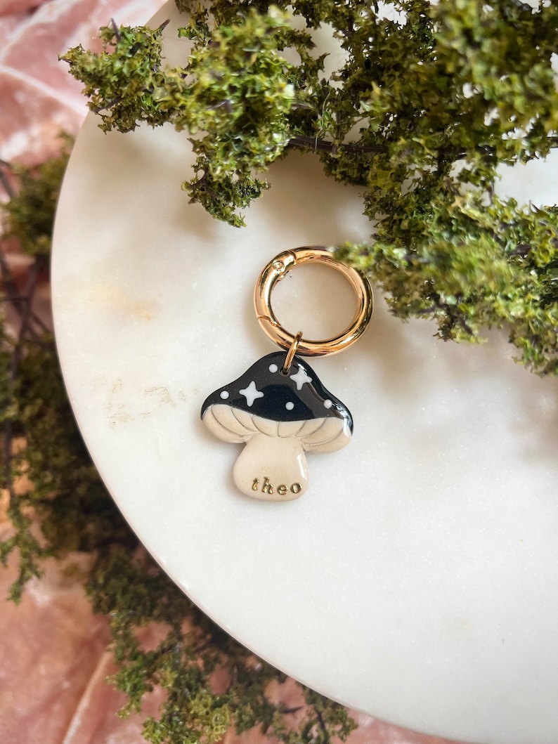 Puede incluir: Un amuleto de cer&aacute;mica en forma de hongo negro y blanco con estrellas doradas y la palabra "theo" escrita en la parte inferior. El amuleto est&aacute; unido a un anillo de metal dorado.