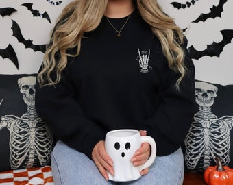 Stay Spooky Embroidered Sweatshirt, Halloween Sweatshirt, Skeleton Hand