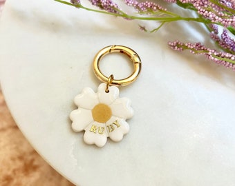 Daisy Pet Tag, Floral Dog Tag, Custom Pet Tag, Clay Tag, Collar