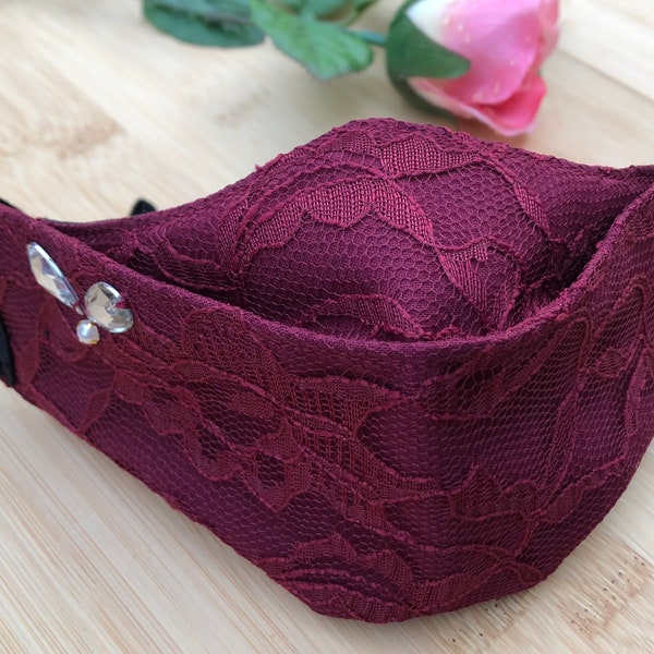Elegant Cabernet Lace Face Mask 3D Design Origami doesn’t touch mouth 3 layer 100% Cotton with Filter Pocket for special occasions
