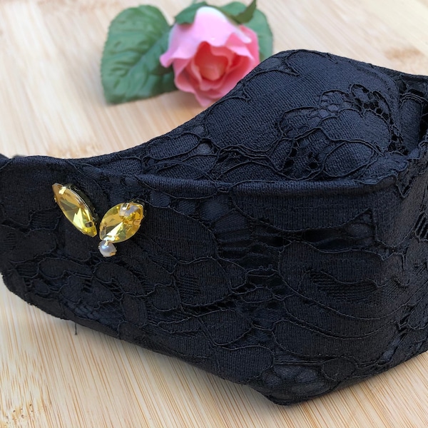 Luxury Corded Black Lace Easy to breathe 3d Design Origami w/Filter Pocket Embellished with Golden Gems & Perl