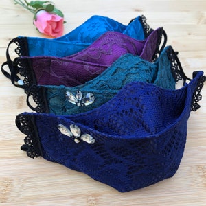 Elegant Lace 3D Design Navy,Royal, Black, Teal, Plum, Hunter Green w/ Filter Pocket gems Special Occasion Face Mask made of Cotton and Satin